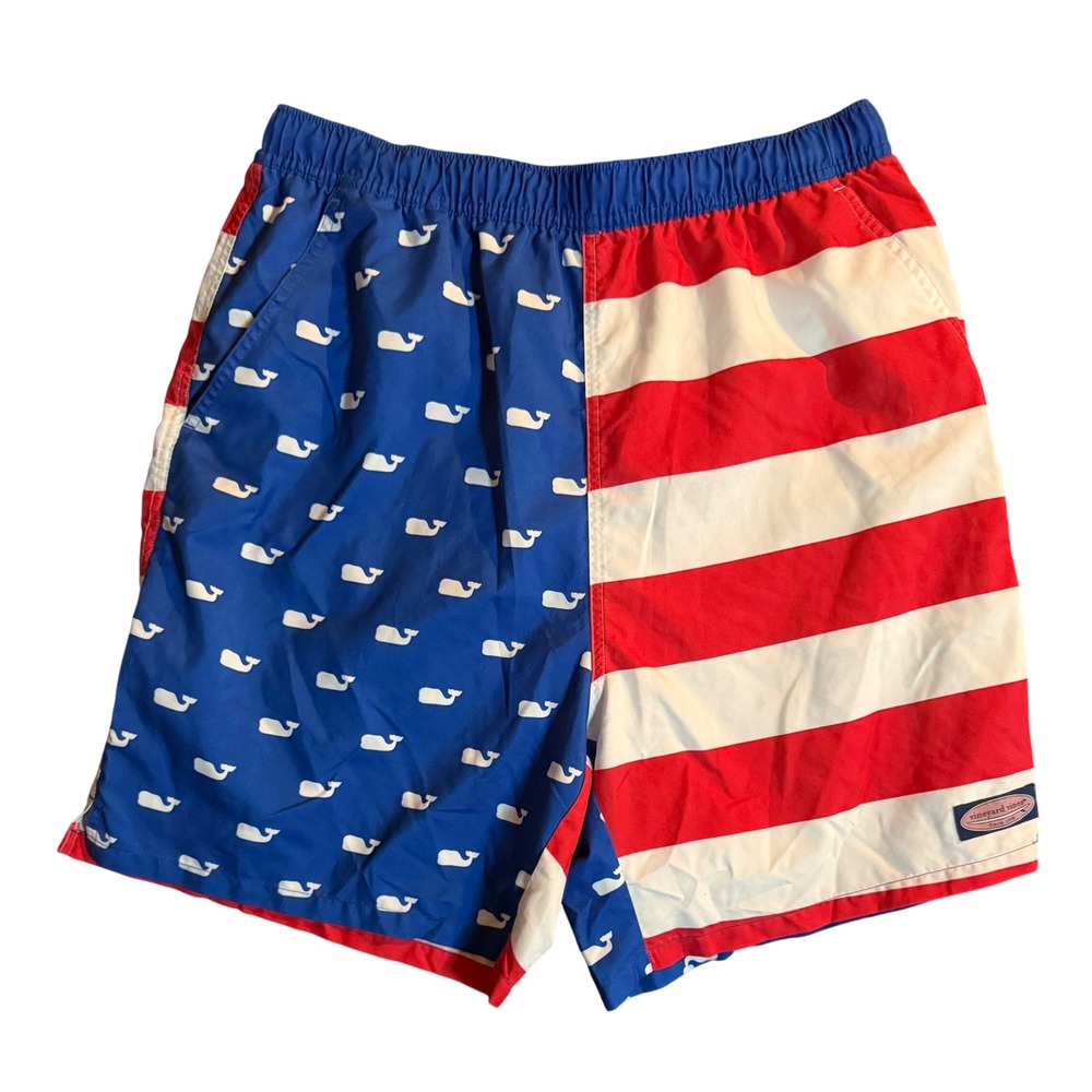 Vineyard Vines American Flag Swim Trunks Mens L Red White Blue Whale Print